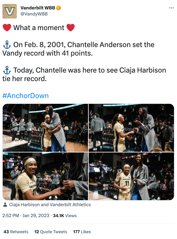 Tweet from @VandyWBB with Ciaja Harbison celebrating game tying record of 41 points with Chantelle Anderson who first set the same record in 2001.