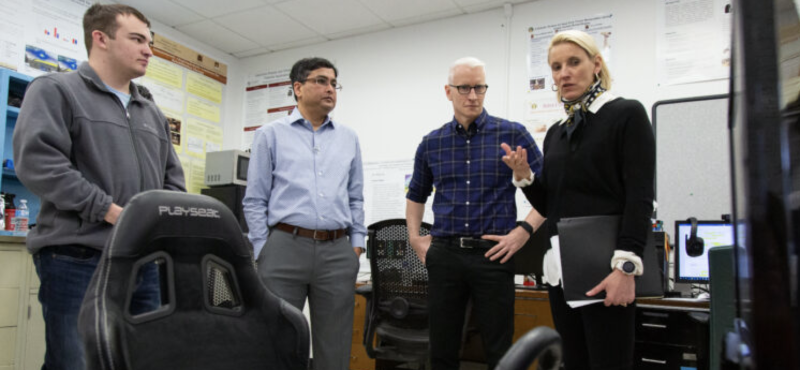 Nilanjan Sarkar, Frist Center deputy director for technologies, demonstrates autism driving simulator to Anderson Cooper