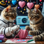 Two astronaut cats crocheting a heart