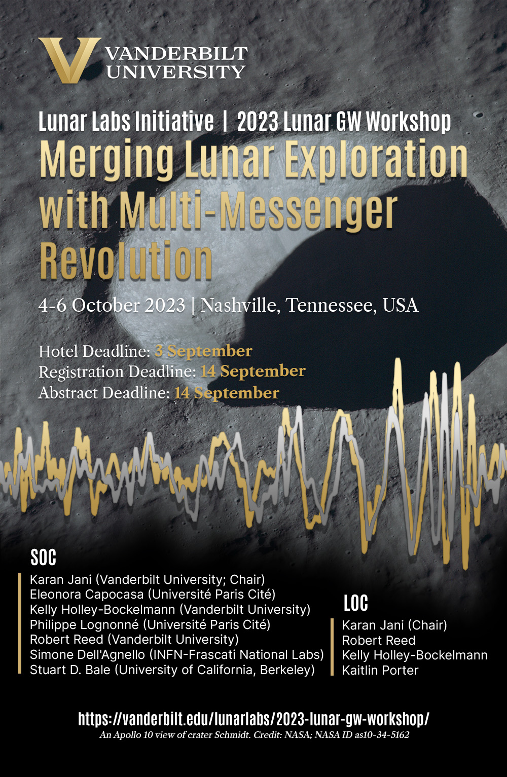 A poster featuring text overlaid over a photo of a large lunar crater. The poster lists the hotel booking deadline as 3 September, and the registration and abstract submission deadlines as 14 September.