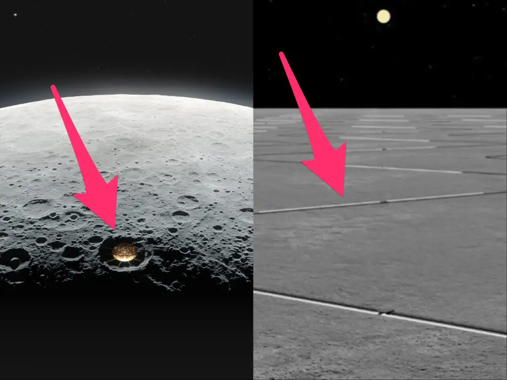 moon wide view with a gold telescope dish nestled in a crater illustration juxtaposed with an illustration of black and white cables zig zagging across the flat grey lunar surface toward the horizon where a faint yellow sun hangs in the blackness of space