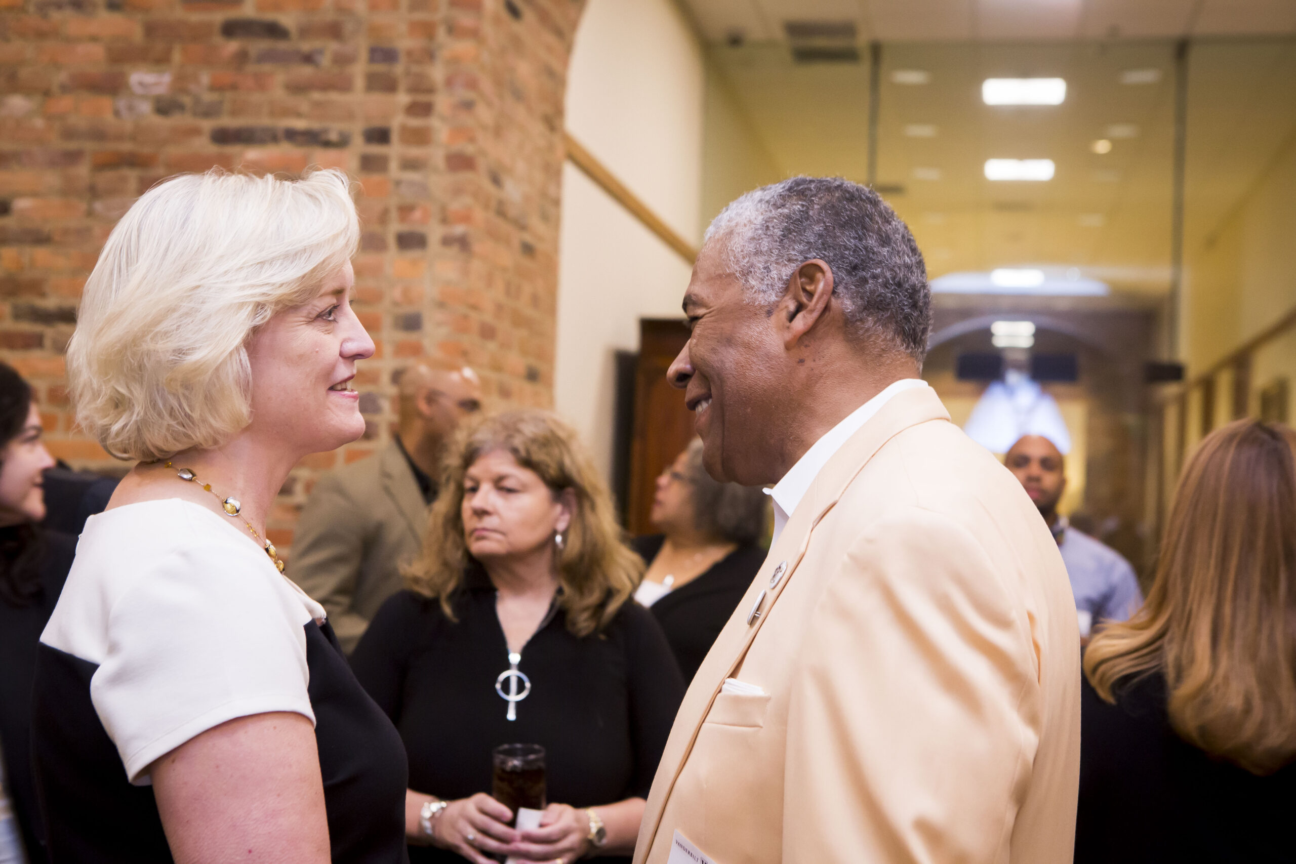 Interim Chancellor and Provost Susan R. Wente speaking with Godfrey Dillard at the Trailblazer Reception at Kirkland (Susan Urmy/Vanderbilt)