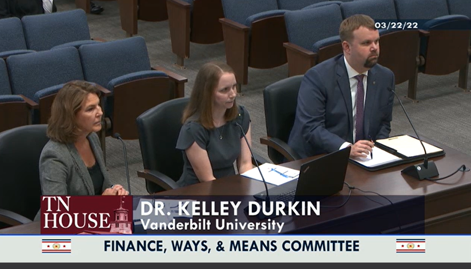 Peabody’s Cynthia Osborne and Kelley Durkin alongside Assistant Vice Chancellor for State Government Relations Daniel Culbreath (right) present to the House Finance, Ways and Means Committee. (State of Tennessee)