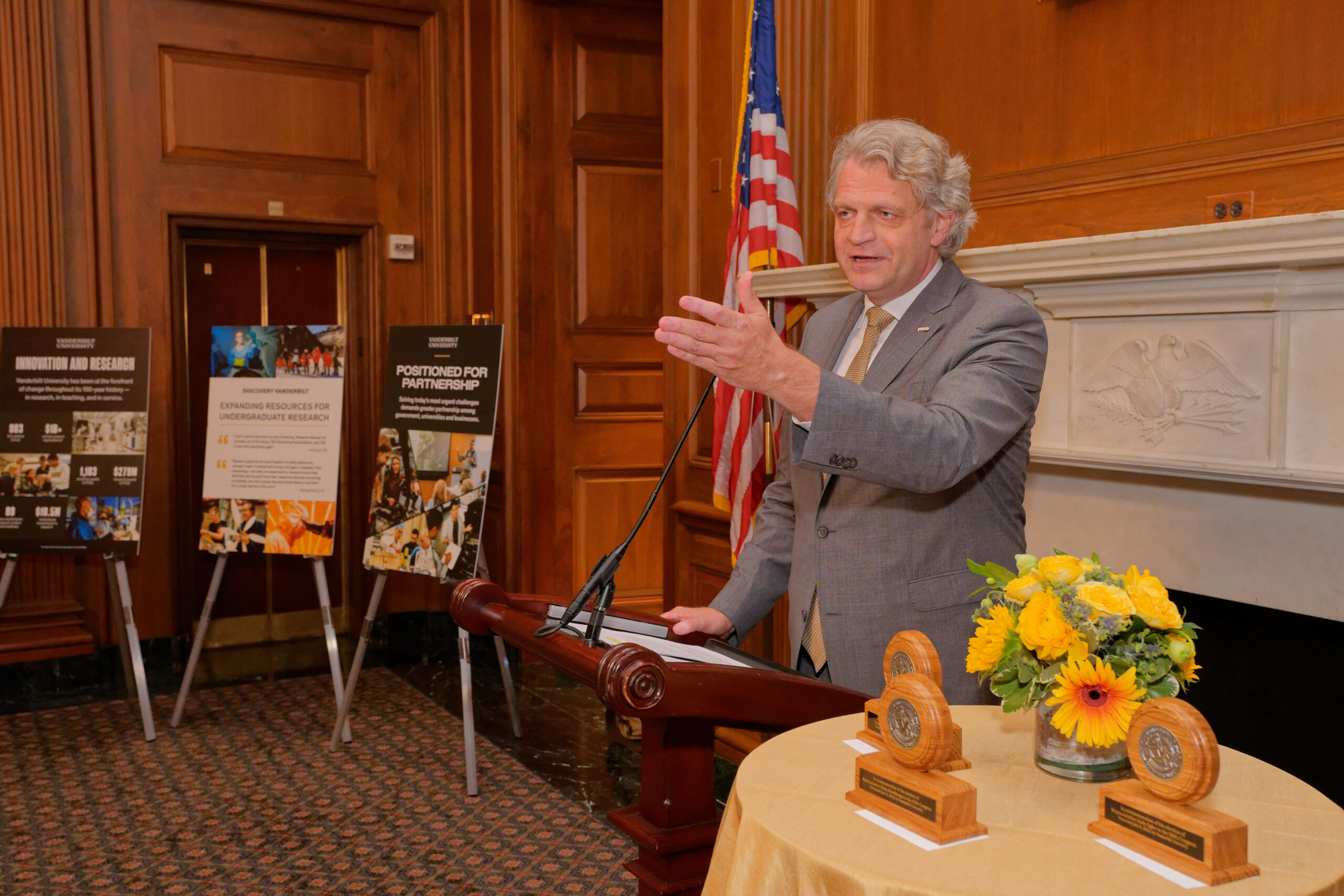 Vanderbilt Chancellor Daniel Diermeier speaking at a congressional reception in Washington, D.C.