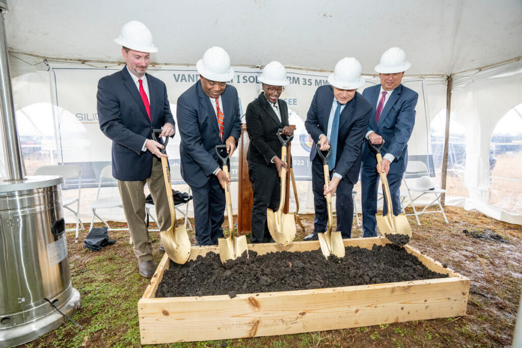 Chancellor Daniel Diermeier joins representatives from Matt Kisber - Silicon Ranch Corporation, Jeanette Mills - Tennessee Valley Authority (TVA), Decosta Jenkins - Nashville Electric Service (NES), and Scott Spence - Duck River Electric Membership Corporation (DREMC) for the ceremonial groundbreaking on a new solar farm in Bedford County, Tennessee.