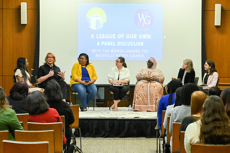 Olivia Hill, Delishia Porterfield, Angie Henderson, Zulfat Suara, and Quin Evans Segall engage in a panel discussion at Vanderbilt University