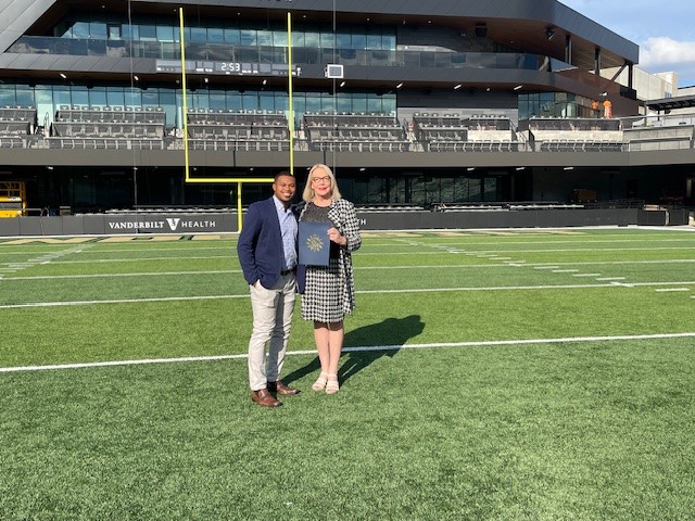 Metro Council Member Olivia Hill with Vanderbilt University Local Government Relations Coordinator Donovan Sheffield at FirstBank Stadium. (Vanderbilt University)