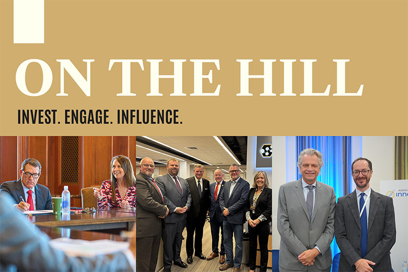 Graphic for 'On the Hill' featuring the tagline 'Invest. Engage. Influence.' The image includes three sections: a U.S. Rep. Mark Green, R-Tenn., and CISA Director Jen Easterly at a table, a central image a group photo TBI and Vanderbilt officials, and Vanderbilt University Chancellor Daniel Diermeier and Nashville Mayor Freddie O'Connell posing at an event.