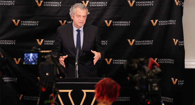 ProImage of Chancellor Daniel Diermeier speaking at a podium at a press conference on the Nashville bid for the 2030 USA Special Olympics