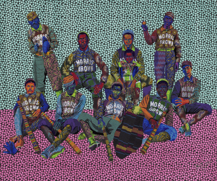 Artwork from Fabric of a Nation exhibit. Image: Bisa Butler. To God and Truth, 2019. Print and resist-dyed cottons, cotton velvet, rayon satin, and knotted string, pieced, appliquéd, and quilted; 117 1/2 x 140 5/8 in. John H. and Ernestine A. Payne Fund, The Heritage Fund for a Diverse Collection, and Arthur Mason Knapp Fund. Photo copyright Museum of Fine Arts, Boston