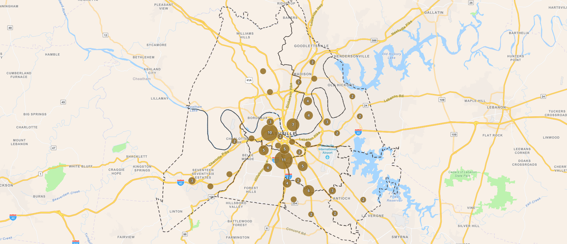 Map representing Vanderbilt’s partnerships with Metro Nashville Public Schools across Davidson County