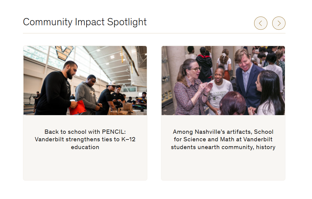Screenshot of Vanderbilt website section titled “Community Impact Spotlight,” showing two featured stories with photos about local education partnerships.