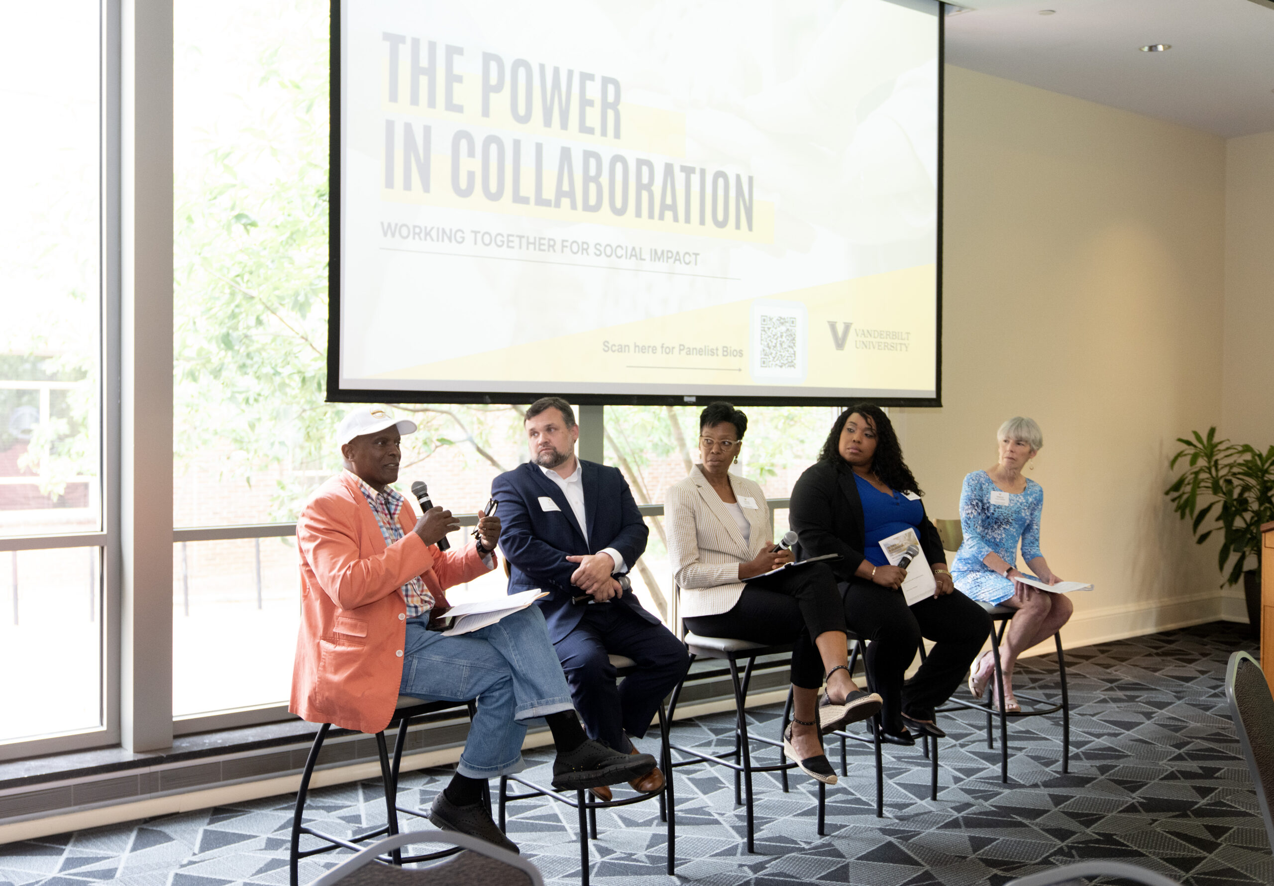 Ron Johnson, C.J. Sentell, Erica Mitchell, Ameshica Linsey and Marcy Singer-Gabella engage in a panel discussion (Vanderbilt University)