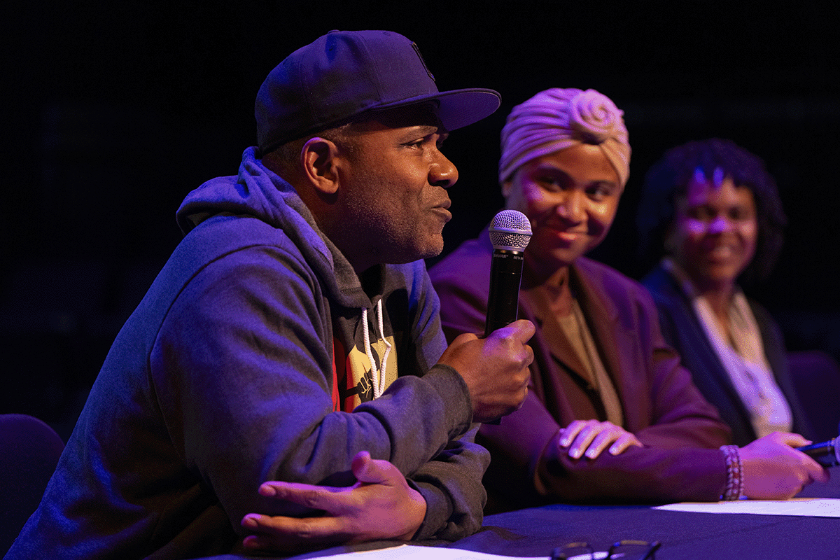 Elliot Winston Robinson, Maya Antoinette Riley, Yolanda Pierce discuss The Color Purple on Apr. 12, 2024. (Joe Howell)