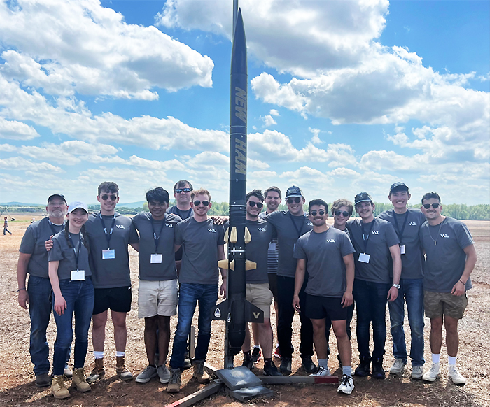 The Vanderbilt team with rocket New Ham at the 2023 NASA launch competition in April in Alabama. (Vanderbilt University)