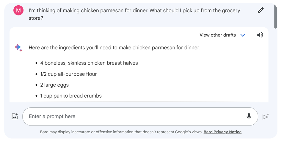 Screenshot of a conversation with Google Bard. The user has entered a prompt and the first part of Google Bard's response is visible. Beneath the conversation is an interface  prompting the user to 