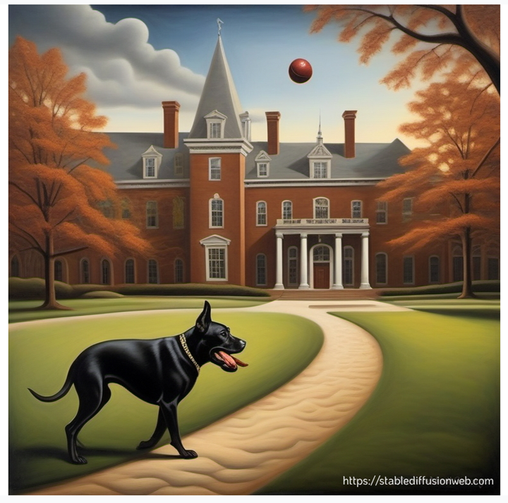  A surrealist AI-generated painting of a black dog panting in a grassy area in front of a VU academic building; there is a ball in the air. 