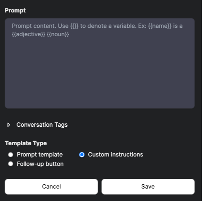 Screenshot showing the option to choose custom instructions.