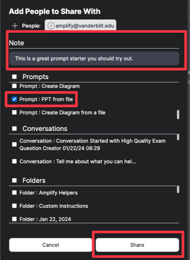 Screenshot showing the note, prompt selection, and share button.