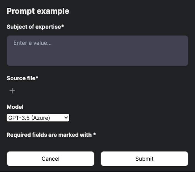 Screenshot showing any variables you define will appear as places to input information or upload files.