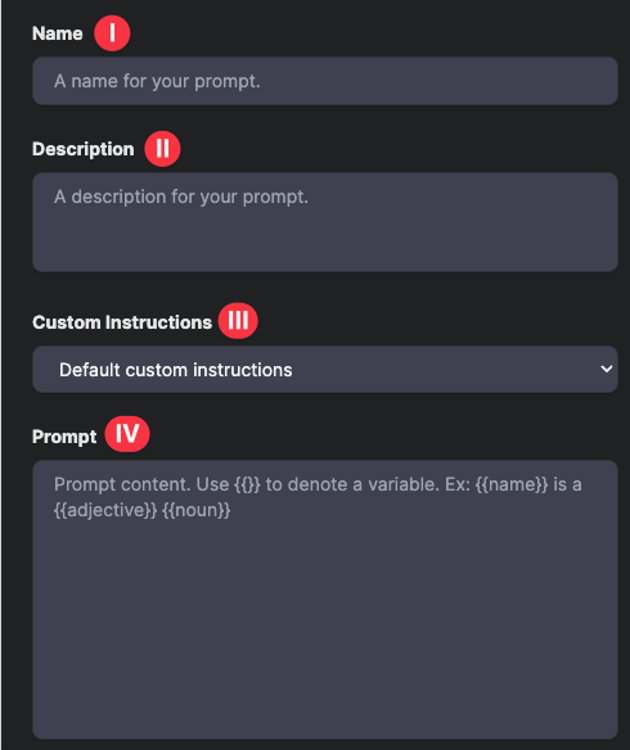 Screenshot of prompt template information request.