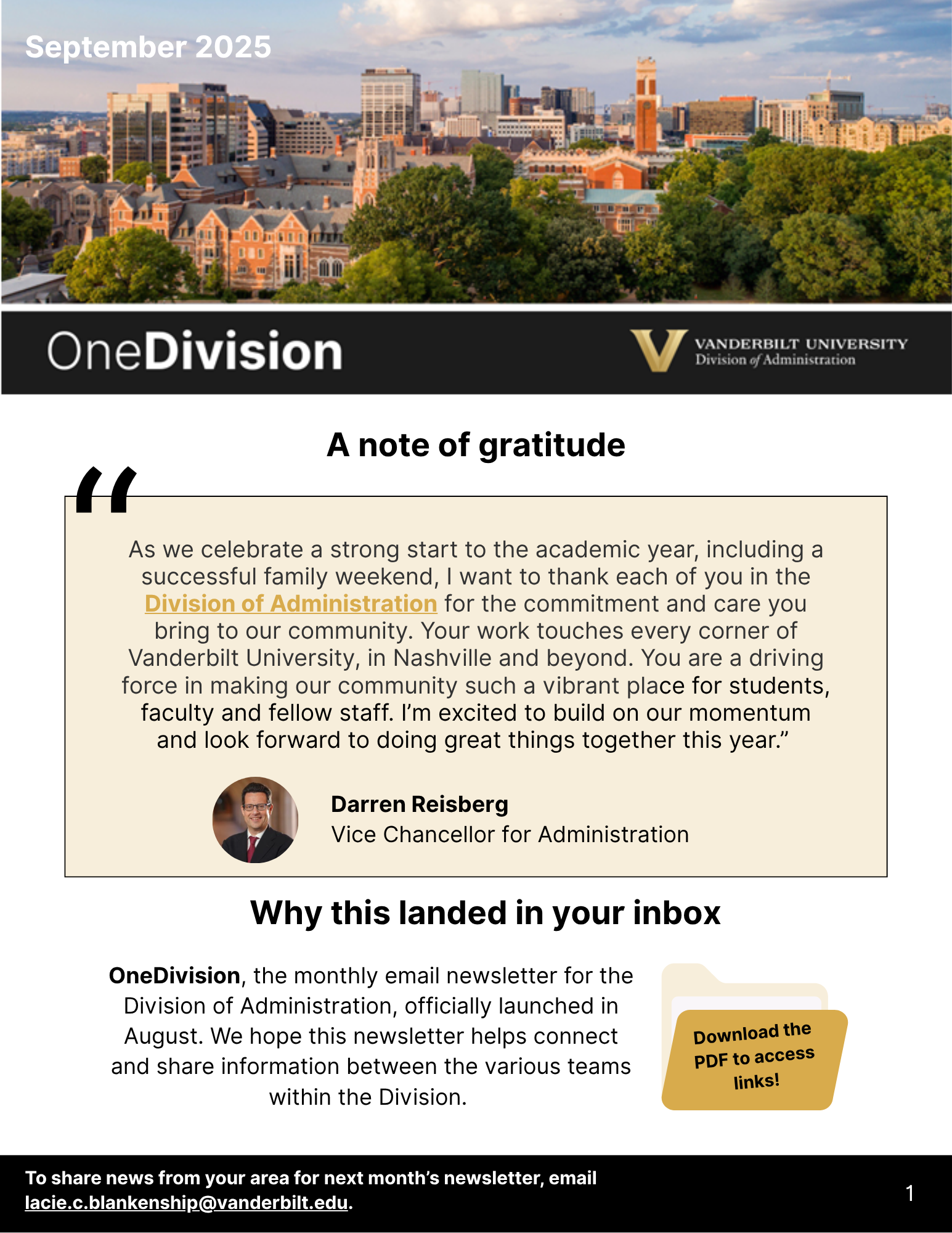 Pictured: The first page of the September 2025 OneDivision email newsletter