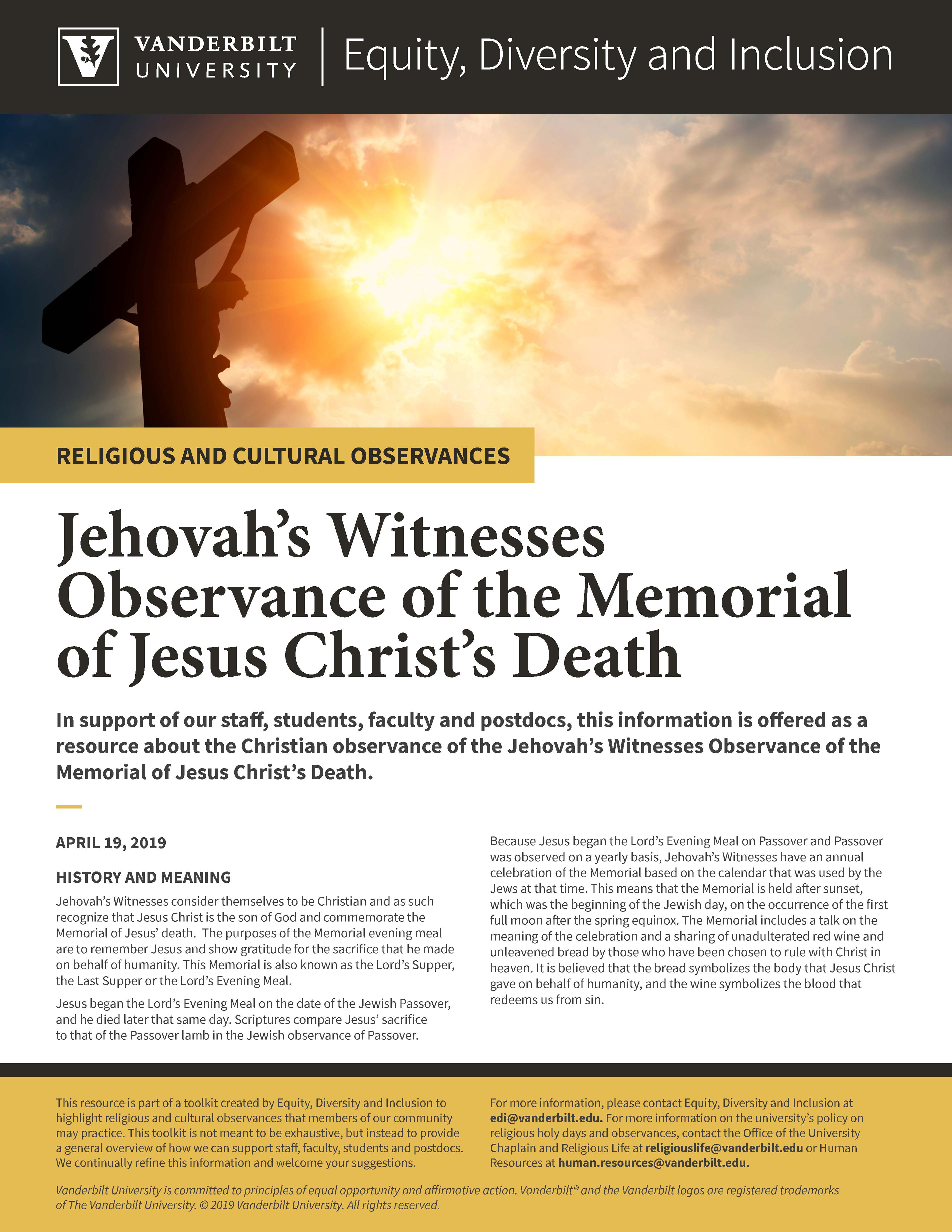 Jehovah’s Witnesses Observance of the Memorial of Jesus Christ’s Death