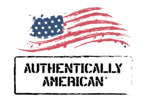 Authentically American logo is pictured here. The logo features an American flag over the brand's name.