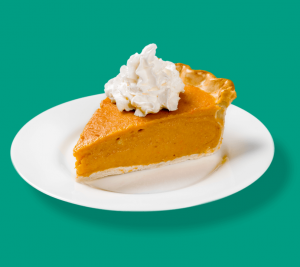 Pictured: on a teal background, a slice of pumpkin pie is on a white plate. The pie slice is served with a dab of whipped cream on top. The intention of this photo is to show a serving size, alluding to tip for those wanting to eat healthy during the holidays.