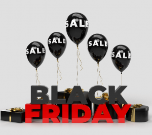 Pictured: A retail display with "Black Friday" in black and red letters. Above the letters, there are black balloons with "sale" in white. Displays like this are used to catch the eyes of shoppers wanting to save money.