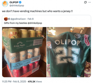 Pictured: A screenshot of an Olipop tweet on February 8, 2025. The tweet is a re-share of photos someone posted of Olipop drinks and a jersey, and the message says "we don't have vending machines but who wants a jersey !!"