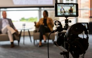 pictured a video camera recording an interview at Owen Graduate School of Management