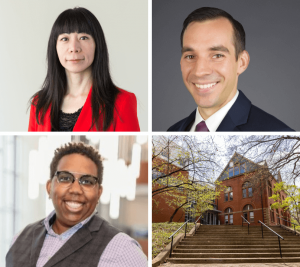 In quadrants, the new faculty members are pictured. Wendy Liu is pictured in the top left, Eric VanEpps is pictured in the top right, Jen Riley is pictured in the bottom left, and an exterior picture of Management Hall is in the bottom left.