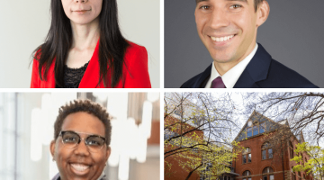 In quadrants, the new faculty members are pictured. Wendy Liu is pictured in the top left, Eric VanEpps is pictured in the top right, Jen Riley is pictured in the bottom left, and an exterior picture of Management Hall is in the bottom left.