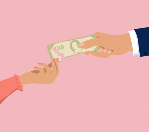 Pictured: On a pink background, a graphic of a $100 bill unites 2 hands in the center of the frame. One of the hands represents a woman reaching for the money, and the other hand belongs to a man. The man has a firmer grip on the $100 bill, and the woman is tearing away a small corner of the bill. The image is symbolic for the gender pay gap.