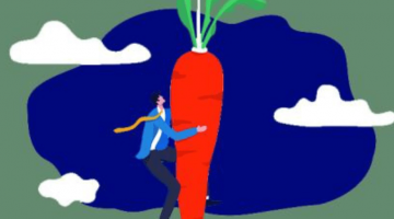 Pictured: A graphic of a carrot hanging from a string. A businessperson is hanging on to the carrot.