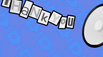 Pictured: A cropped image taken from Financial Times' coverage. The image is a graphic with blue and purple trophies in the background, a megaphone, and "thank you."
