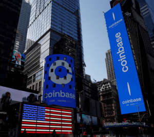 Pictured: The logo for Coinbase Global Inc, in Times Square.
