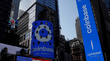 Pictured: The logo for Coinbase Global Inc, in Times Square.