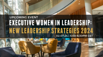 Pictured: the inside of Management Hall with a black color block overlaying the image. Text over the block reads: Upcoming Event, Executive Women in Leadership: New Leadership Strategies 2024.