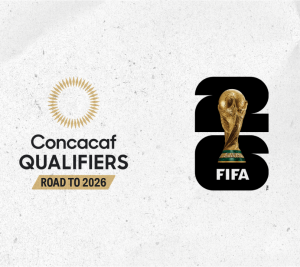 Pictured: An image from Concacaf.com, showing the FIFA 2026 logo and the Concacaf Qualifiers logo. The 2 logos are side by side on a white background with black dots. The logos are primarily black and gold.