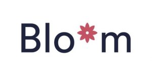 Pictured: The Bloom logo. The second "o" is a pink flower, the other letters are black.