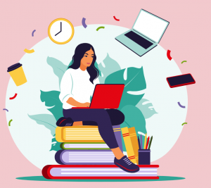 Pictured: A graphic on a light pink background shows an individual sitting on exaggerated books while working on their laptop. Surrounding the individual, a coffee, clock, laptop, phone, and confetti represent a busy life where information and learning comes in many mediums.