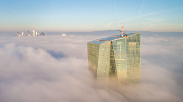 Pictured: A foggy day in Frankfurt. with the tip of the European Central Bank. Getty Images