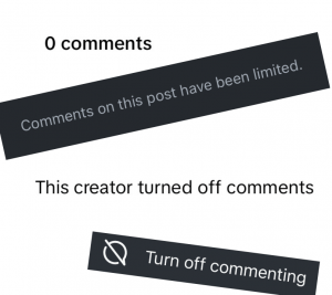 Pictured: A collage on a white background that shows screenshots of social media text that notifies users of disabled comments. One line of text reads "0 comments", another line of text reads :comments on this post have been limited". These screenshots are meant to showcase different ways that influencers may disable social media comments.