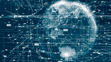 Pictured: 5G and AI technology, Global communication network concept. The image is on a dark background with connection points making the outline of a globe.