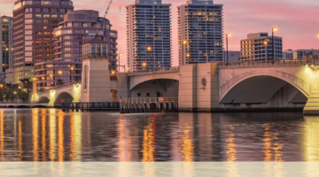 Pictured: The skyline in Palm Beach with the sunset.