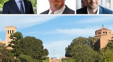 Pictured: In a grid, a photo of the UCLA campus is horizontal. Above the campus image, the three organizers of the 2025 Thought Leadership for the Sales Profession conference are shown.