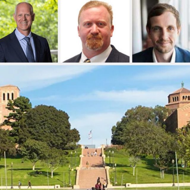 Pictured: In a grid, a photo of the UCLA campus is horizontal. Above the campus image, the three organizers of the 2025 Thought Leadership for the Sales Profession conference are shown.