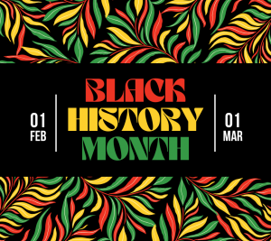 Pictured: Graphic featuring red, green, and yellow leaves with the words "Black History Month"